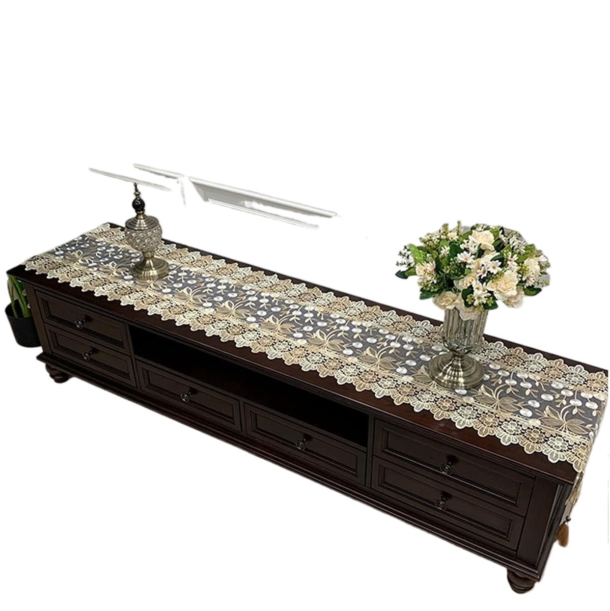 Vintage Grey Lace Table Runner Dresser Scarves Embroidered Hollow Out Runner Scarf with Tassels