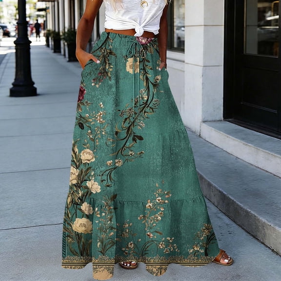Jsaierl Women's Vintage Floral Print Tiered Maxi Skirt, Drawstring Waist Flowy Skirt, Dark Green Bohemian Skirt for Vacation