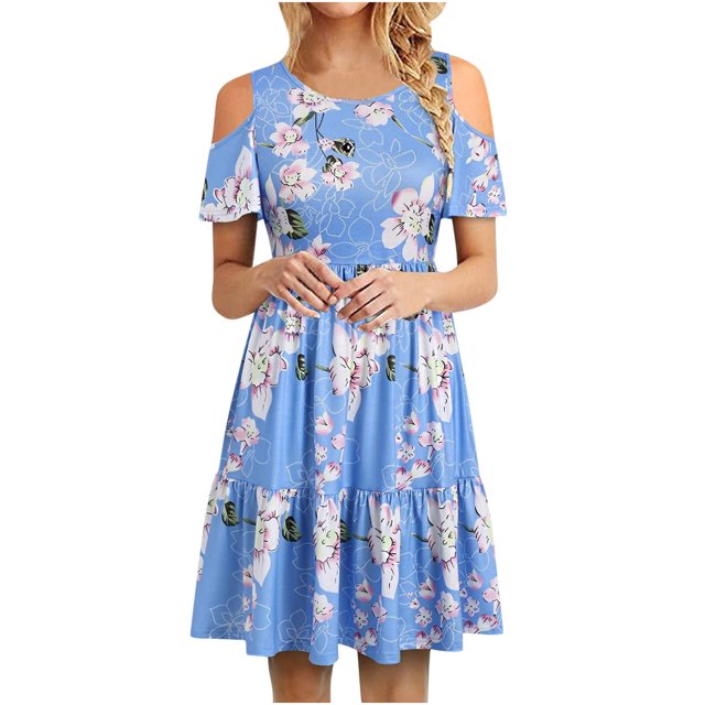 Vestido de volantes con hombros descubiertos y manga corta a la moda informal para mujer Fridja qw2304