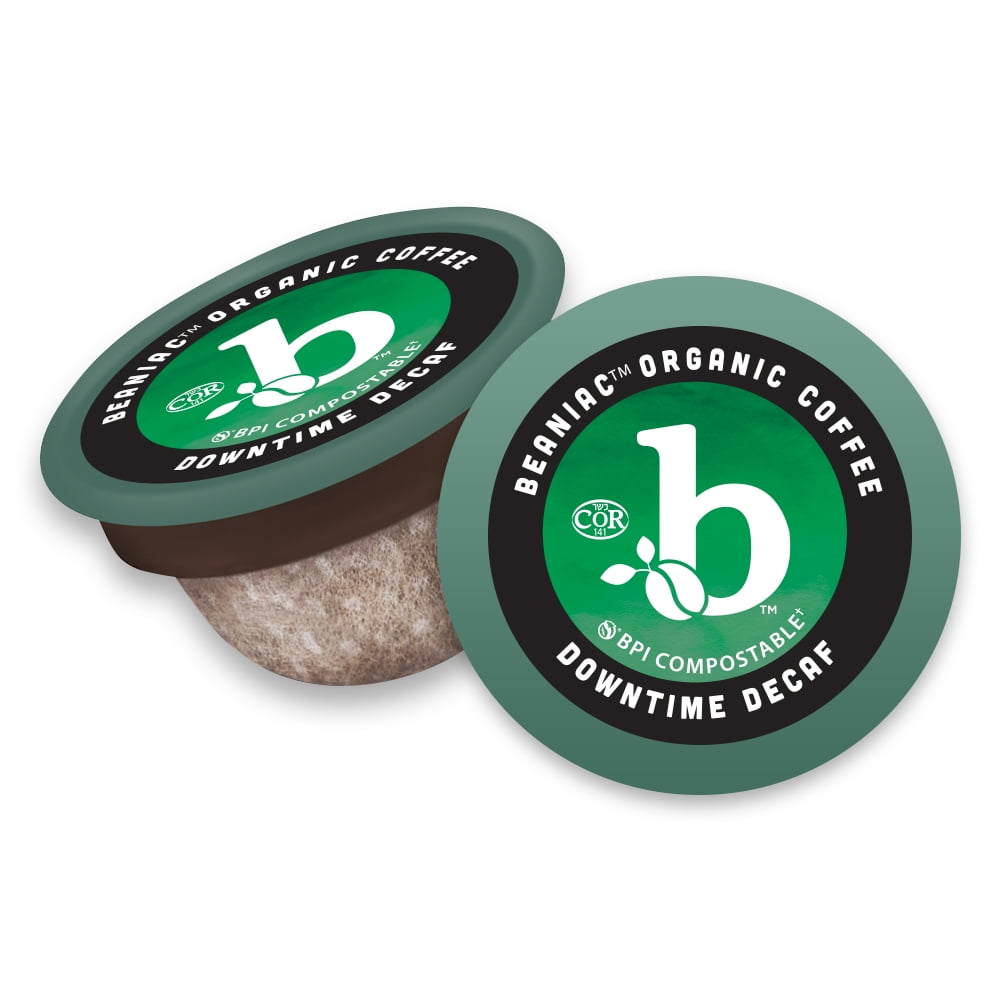 Beaniac Organic Downtime Decaf Swiss Water Decaffeinated Medium Roast Coffee Pods, 30 Count