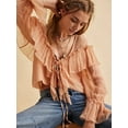 thumbnail image 4 of Women'S Flowy Front Tie Top Long Sleeve Peplum Lace Trim Chiffon Shirt Sheer V Neck Boho Ruffle Beach Blouse Khaki XL, 4 of 9