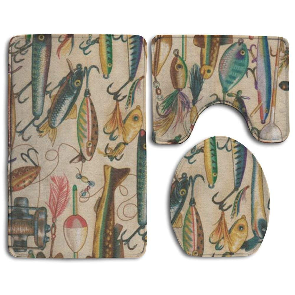 PUDMAD Fishing Lures 3 Piece Bathroom Rugs Set Bath Rug Contour Mat and Toilet Lid Cover