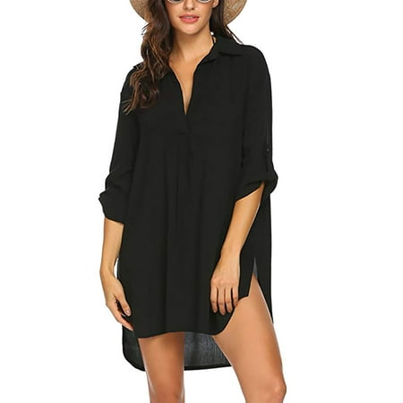 Xdegoge Beach Coverups for Women 2025 V Neck Button Pool Cover Up 3/4 Sleeve Bathing Suit Coverups Bikini Swimsuit Beach Coverups Beach Dress Shirt Black XXXL Vestidos Para Mujer Flash Deals