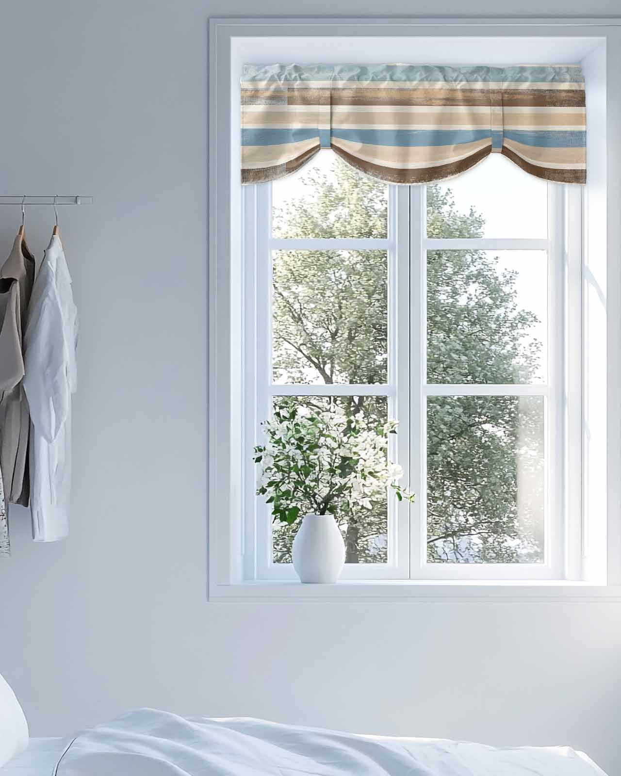 Abstract Gradient Stripe Tie Up Valances Curtain, Brown Blue Watercolor Kitchen Valances for Windows Decor, Rod Pocket Short Curtains Set for Bedroom/Bathroom, 60"x18"