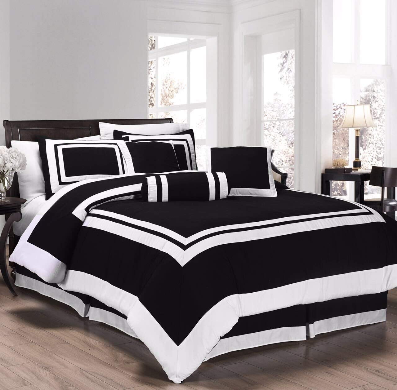 7-Piece Caprice Square Pattern Hotel Comforter Set White/Black 4 Sizes 
