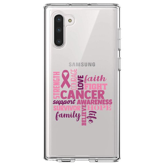DistinctInk Clear Shockproof Hybrid Case for Samsung Galaxy Note 10 (6.3" Screen) - TPU Bumper Acrylic Back Tempered Glass Screen Protector - Pink Ribbon Cancer - Word Art