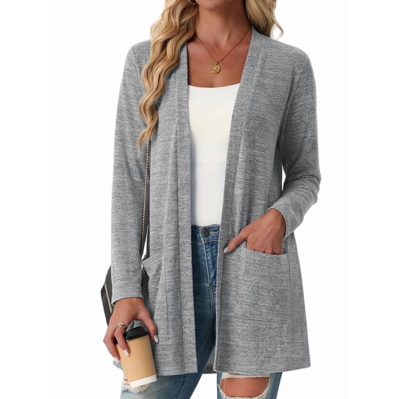Cardigan Sweaters for Women Casual Open Front Long Sleeve Knit Coat with Pockets Trendy Light Gray S