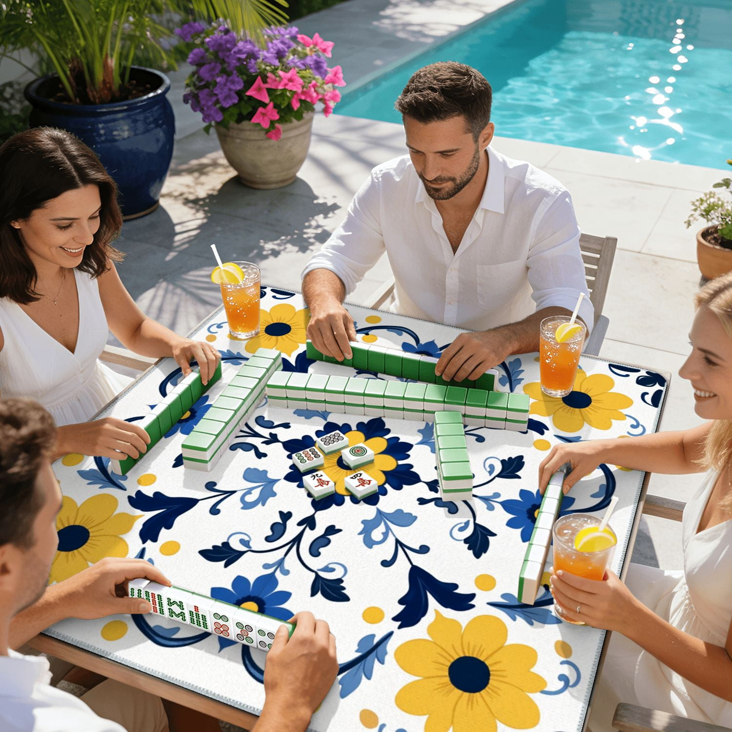Mahjong Mat 31.5" x 31.5" Floral Symmetrical Yellow Blue Flowers White Non-Slip Noise Reduction American Mahjong Tiles Table Cover for Dominoes Poker Card Board Games Gift