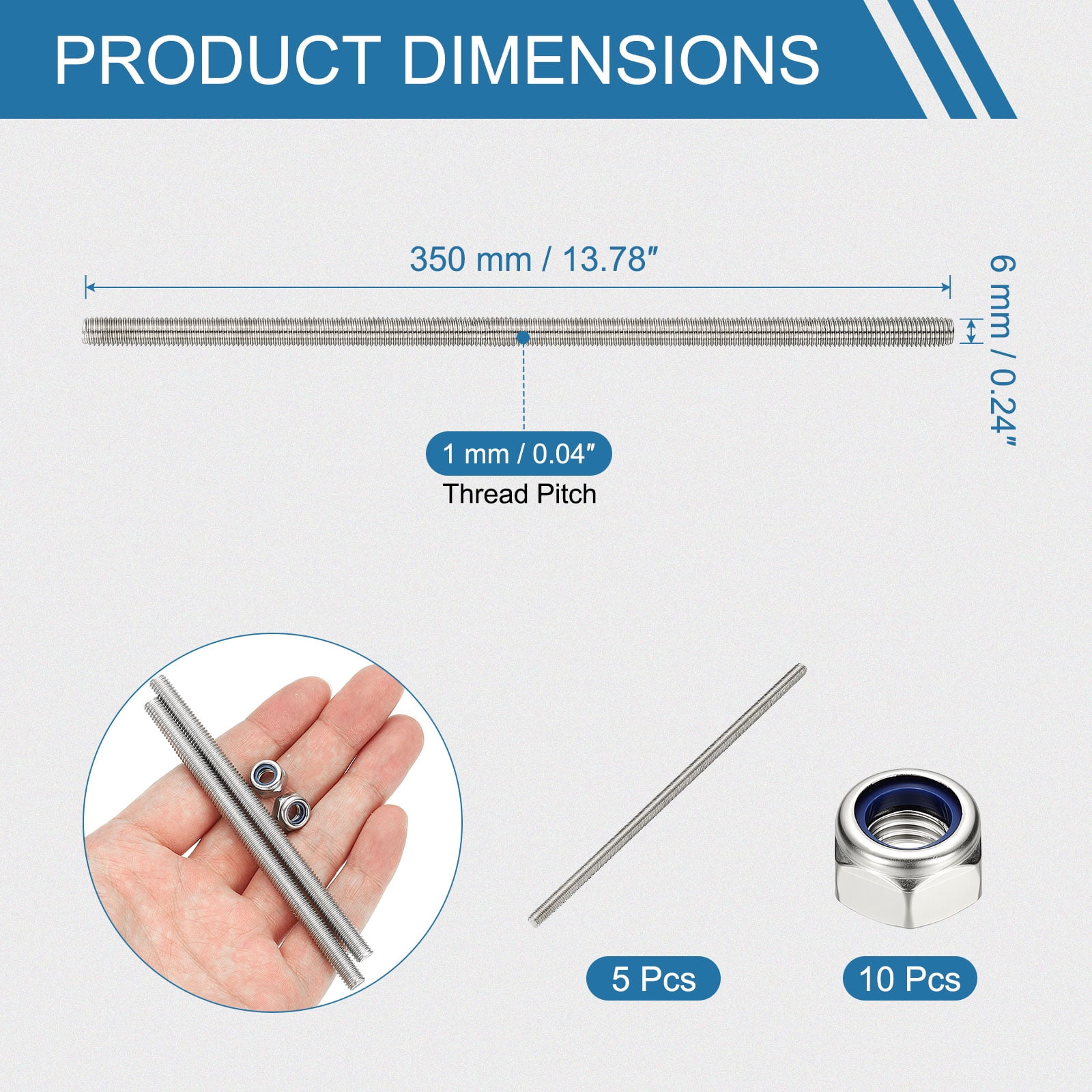 Uxcell Fully Threaded Rod, M6 x 350mm 304 Stainless Steel Right Hand Thread Bar Studs with Nuts, 5 Pcs