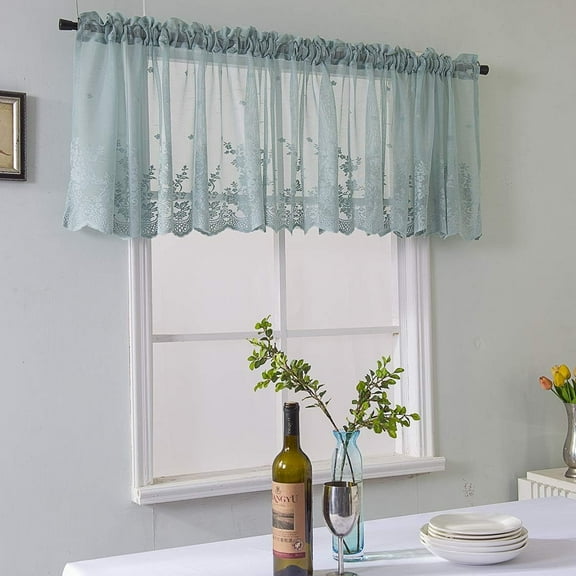 Lace floral curtain 51 x 16in, embroidered semi-blue-green transparent curtain and window drafter, suitable for kitchen, coffee shop, dining room and bathroom, 1 piece