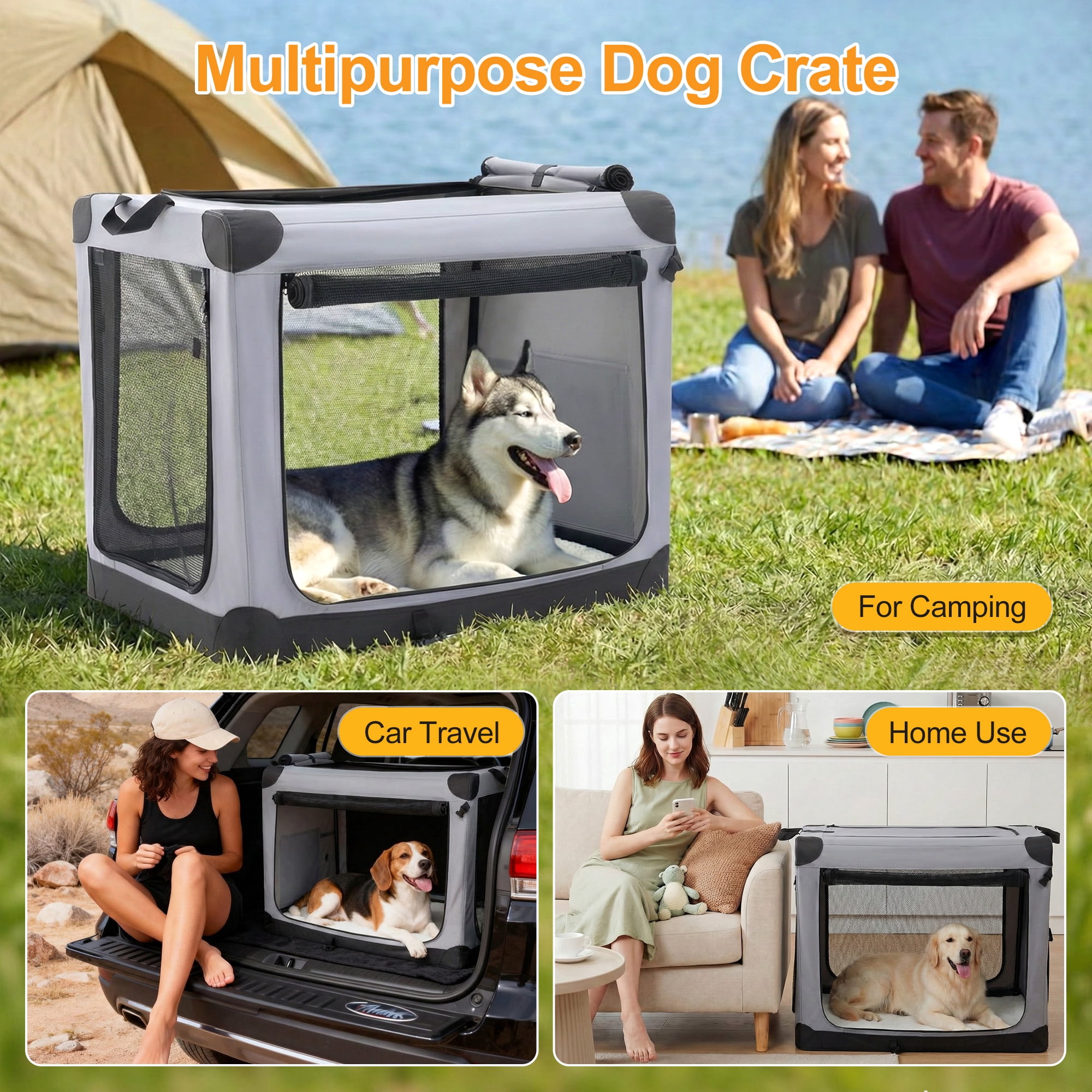 Gianna 24-Inch Collapsible Dog Crate, Soft Foldable Pet Kennel with 3-Door Mesh for Indoor & Outdoor