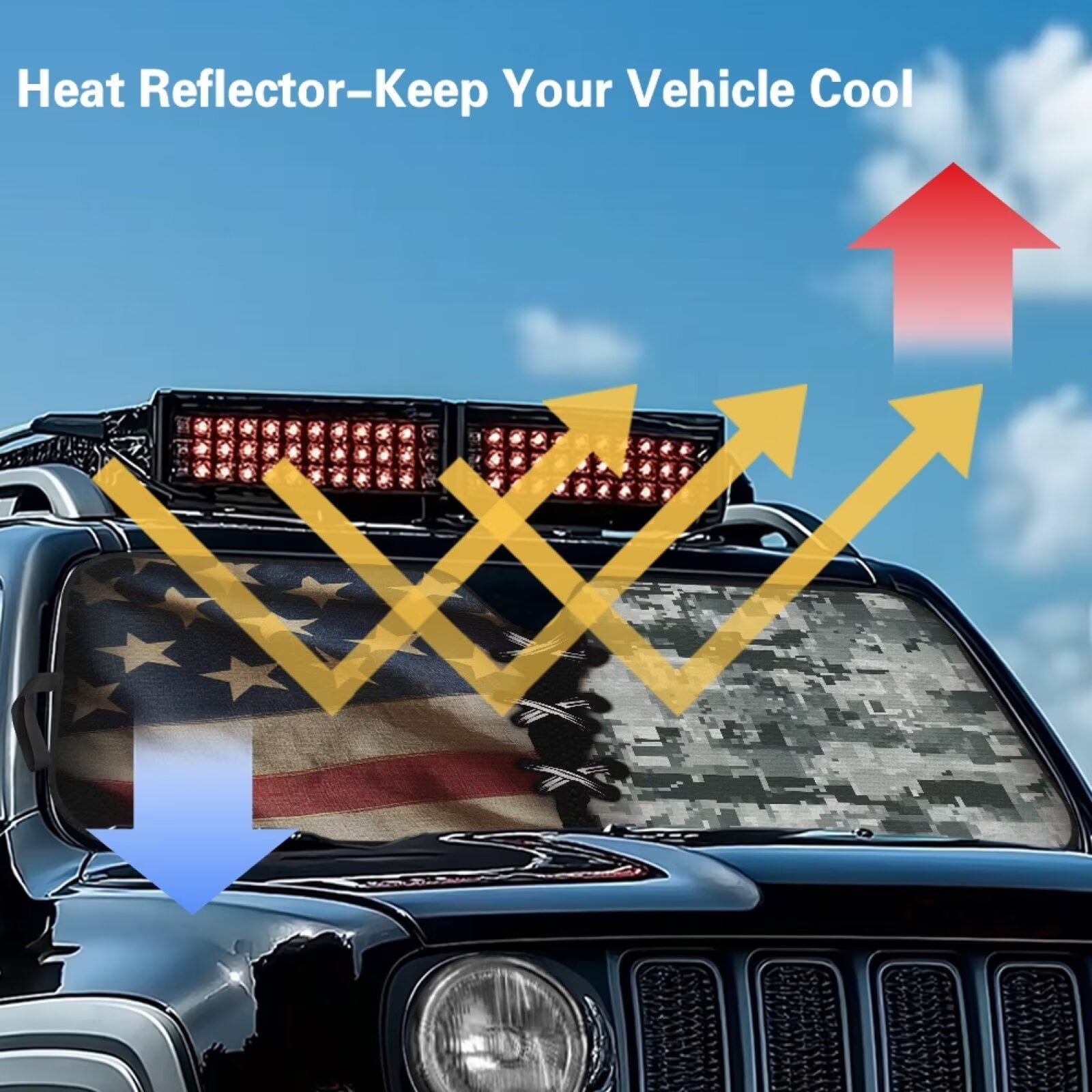 Binienty American Flag Gray Camo Car Sun Shade Windshield for Jeep Wrangler Gladiator FJ Cruiser Folding Sun Shade Windshield Automotive Accessories Interior Protector Heatshield Easy to Install