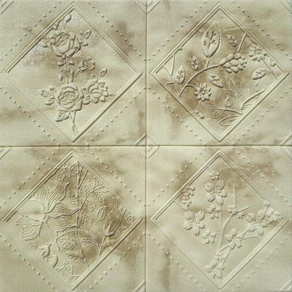 Dundee Deco Peel and Stick 3D Self Adhesive Foam Wallpaper - Beige, Brown Flowers in Rhombus, 2.3 ft x 2.3 ft Each, 10-Pack