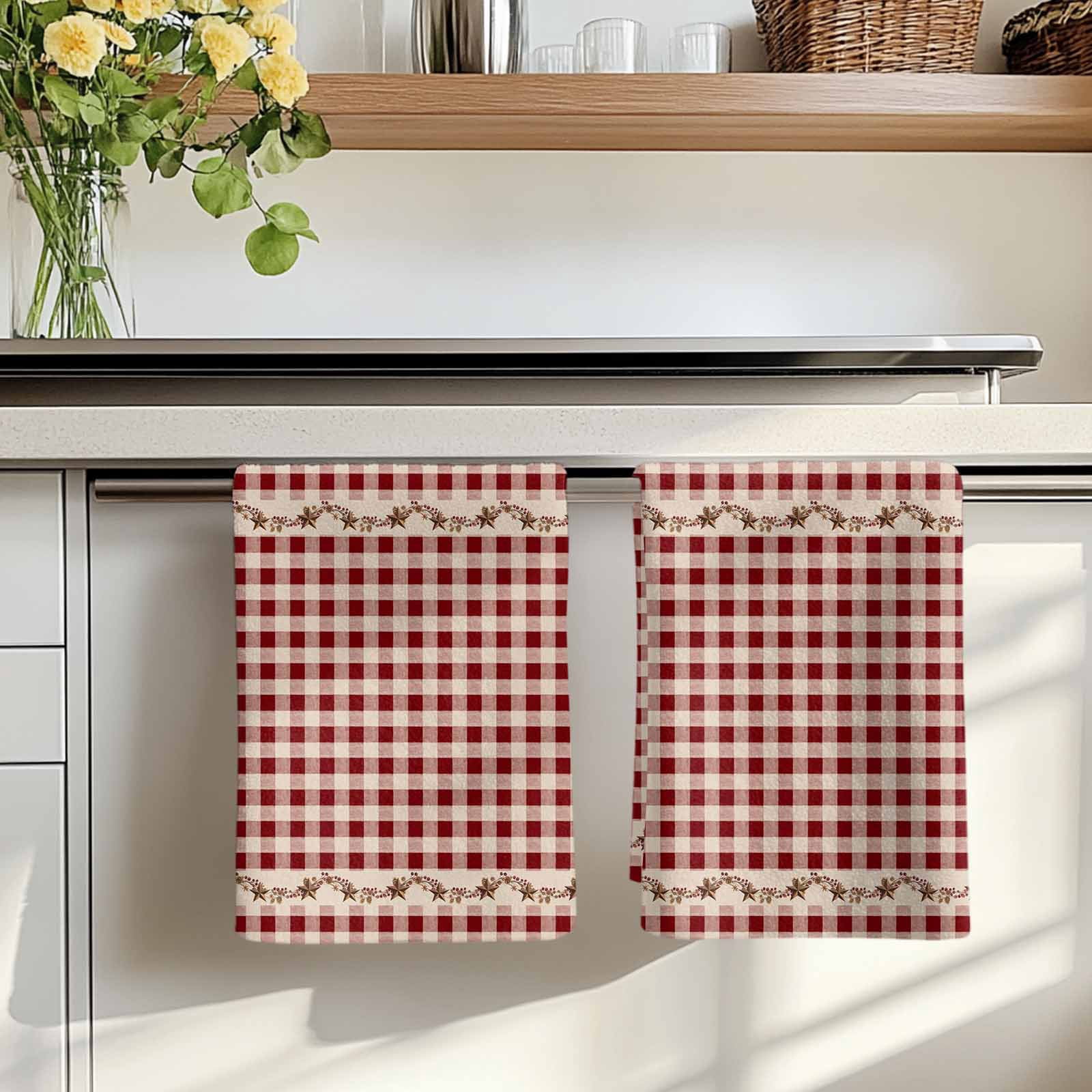 Dish Towels, Barn Stars Rustic Absorbent Kitchen Towels 2 PCS, Vintage Country Red Plaid Microfiber Hand Towels Dish Cloths Tea Towels for Home&nbsp;Bathroom Cleaning Drying,18X28-Inch,