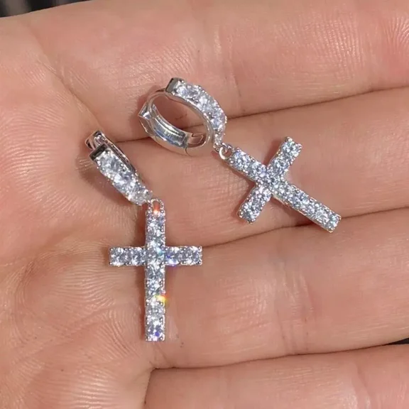 2 Ct Round Cut White MOISSANITE Dangle Cross Men's Earrings 14K White Gold Plated