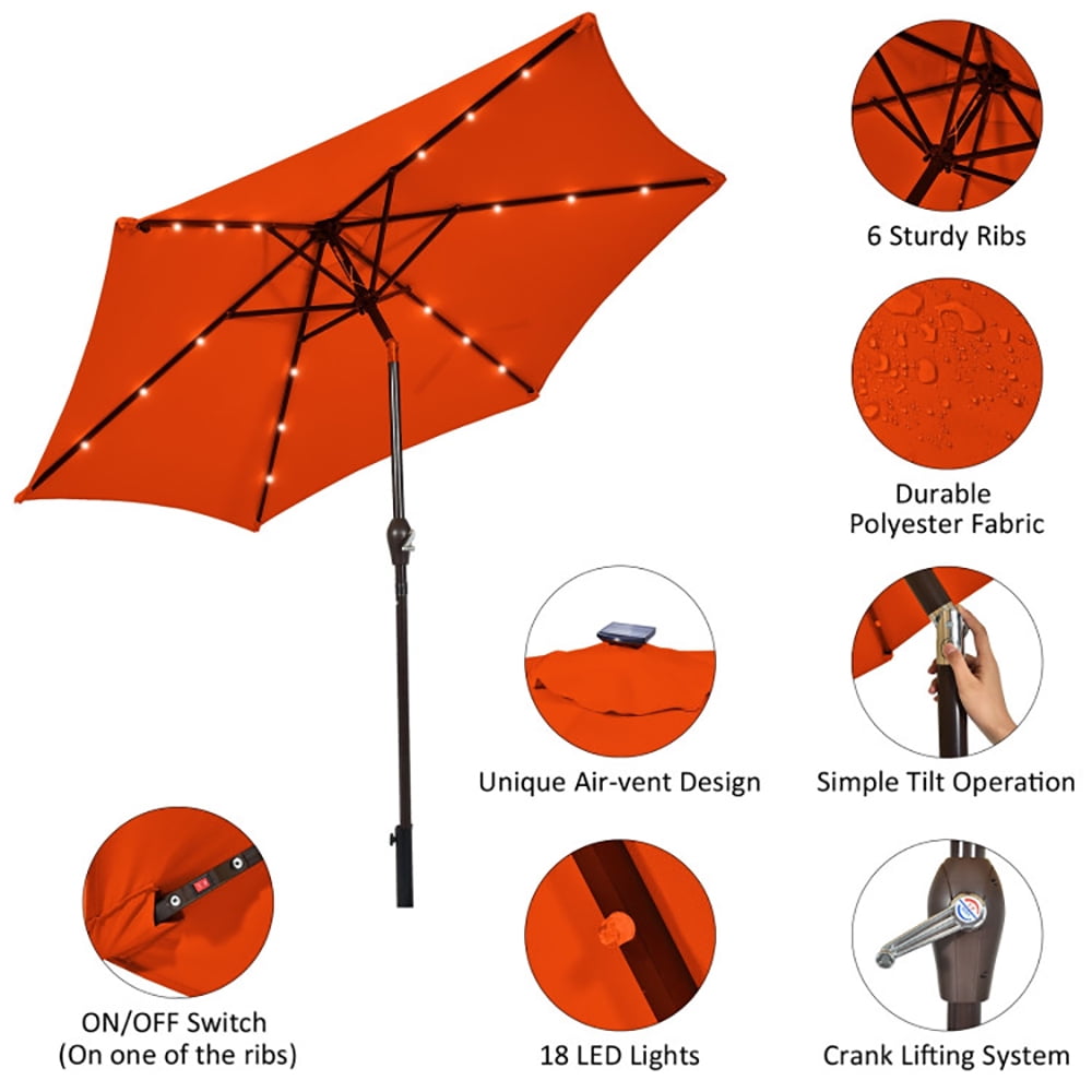 Aimee Lii 9 Feet Solar LED Lighted Patio Market Umbrella Tilt Adjustment Crank Lift, Sunbrella Patio Umbrellas, Orange