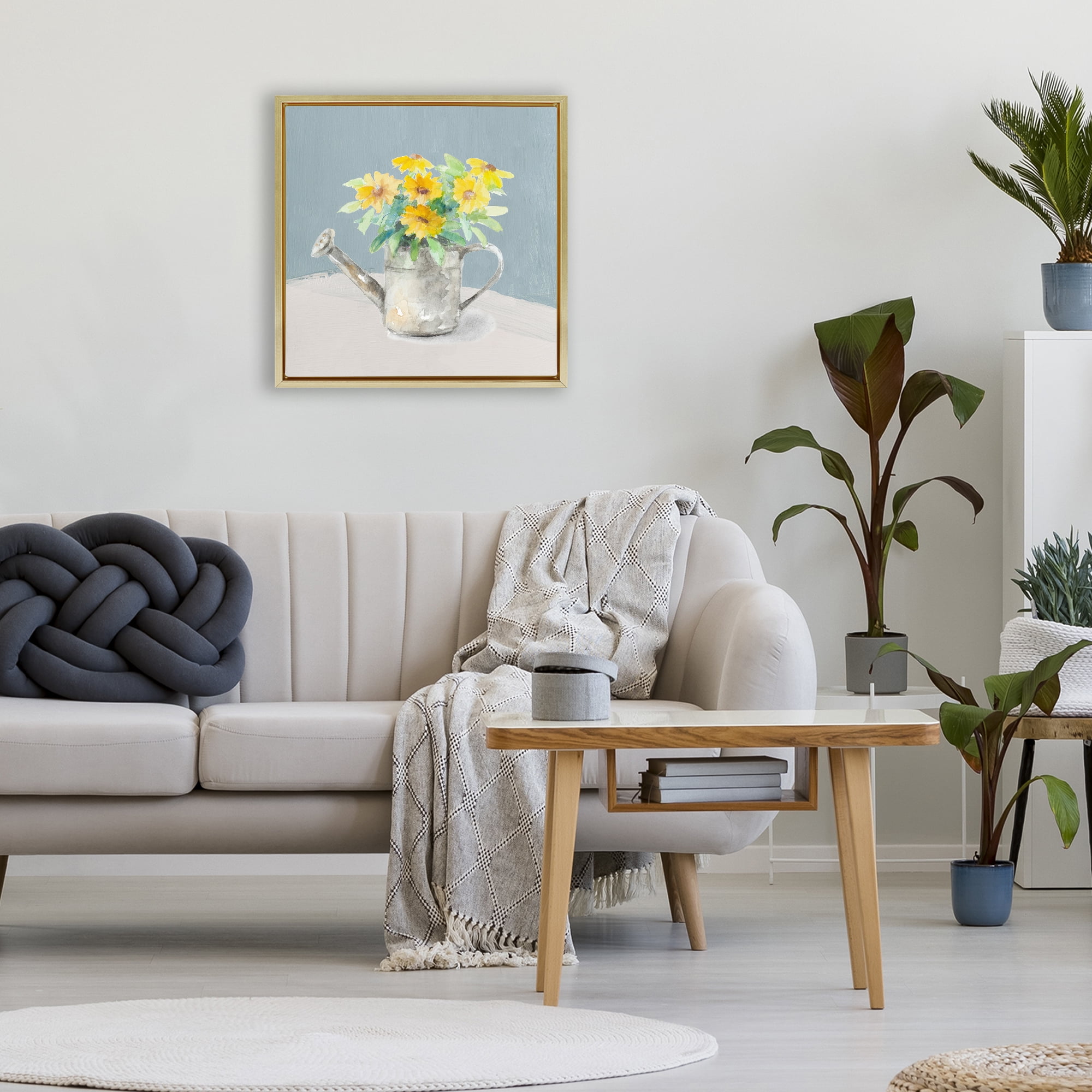 Stupell Industries Daisies in Watering Can Gold Framed Floater Canvas Wall Art, design by Lanie Loreth