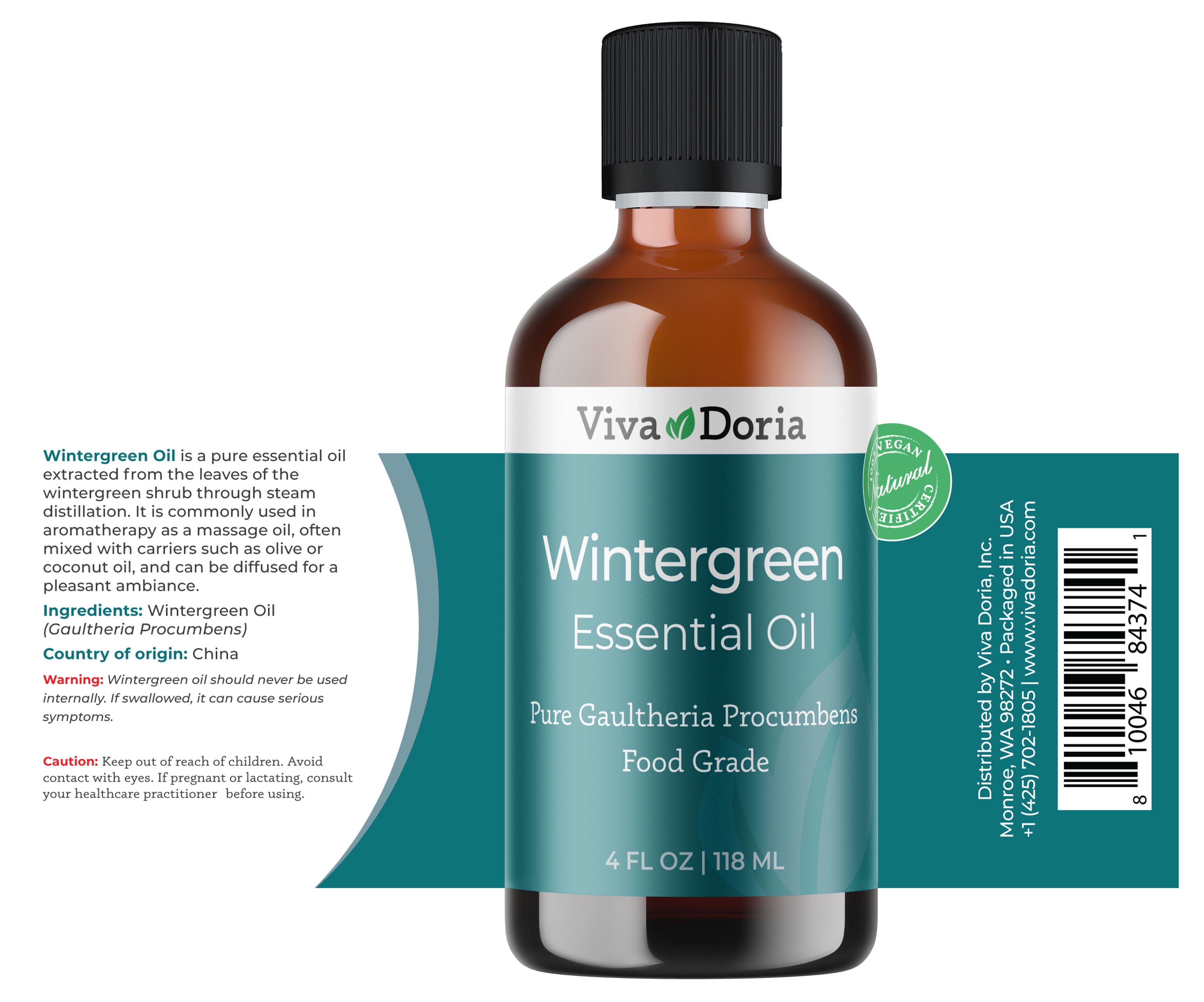 Viva Doria Pure Undiluted Food Grade Wintergreen Essential Oil 118 mL (4 Fl Oz)