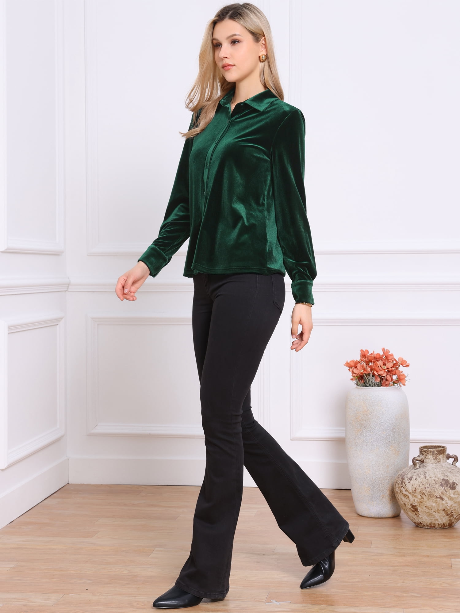 DARING DIVA Women's Vintage Velvet Long Sleeve Button Down Shirt Blouse S Green