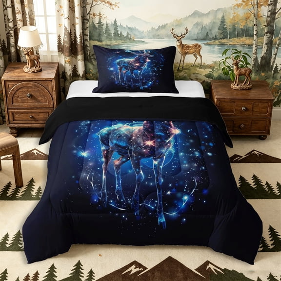 Castle Fairy Galaxy Deer Twin Comforter Sets 2pcs,Starry Sky Nebula Bedding Set,Navy Purple,Black Reversible,1 Comforter and 1 Pillowcase