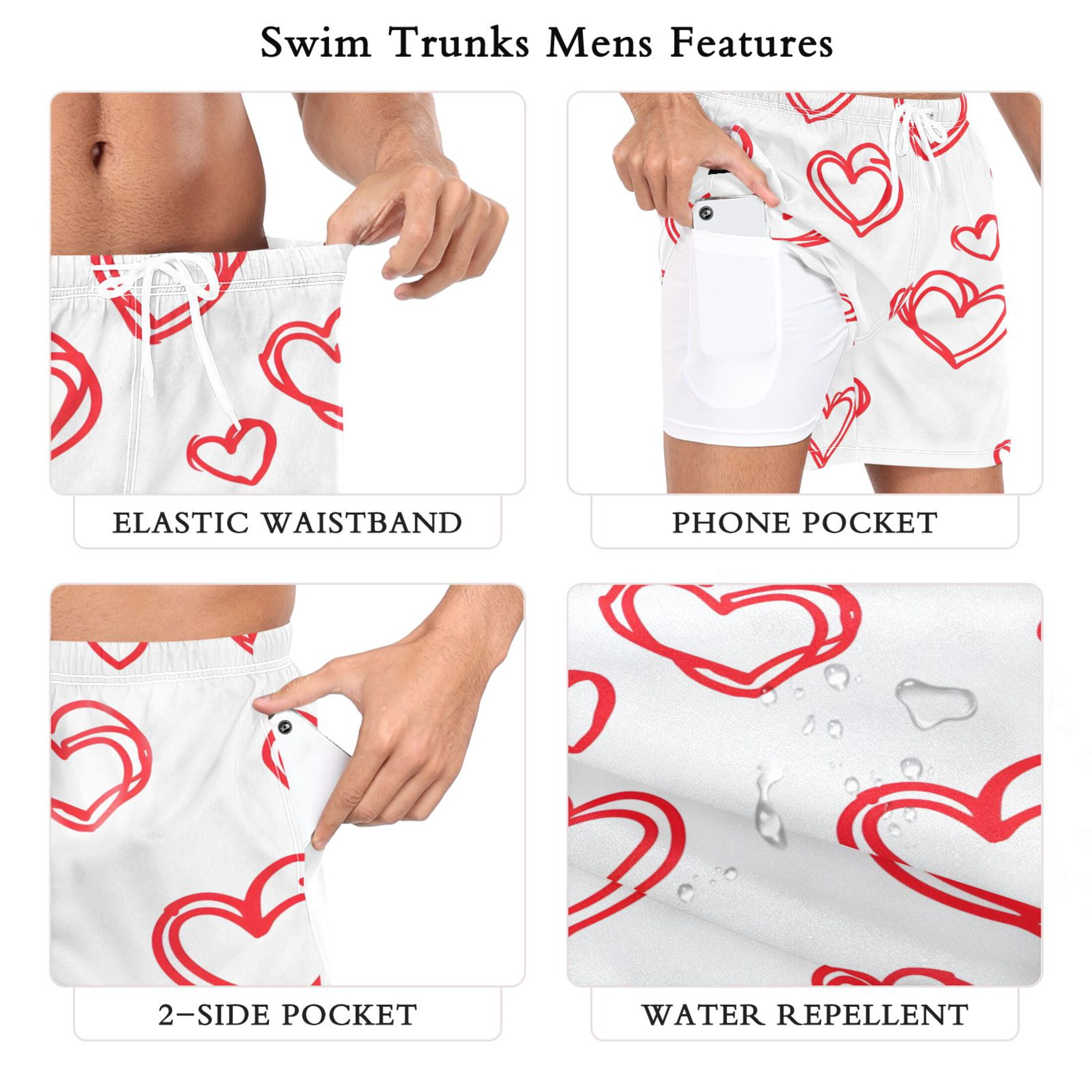 joogoo Men's Hearts Love Swim Trunks with Liner Pocket Beach Shorts Large