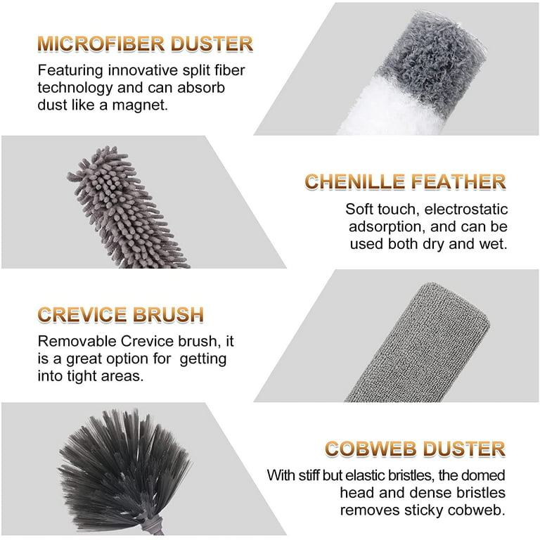 Happylost Microfiber Duster, 9PCS Extendable Feather Duster (Stainless  Steel) 30 to 100 inches, Reusable Bendable Washable Dusters for Cleaning