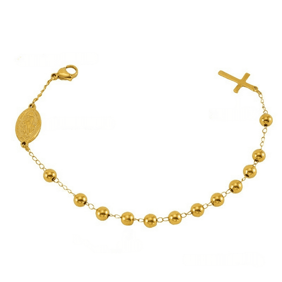 14K Yellow Gold Bracelet with Cross and Medallion - Religious Jewelry for Women and Men