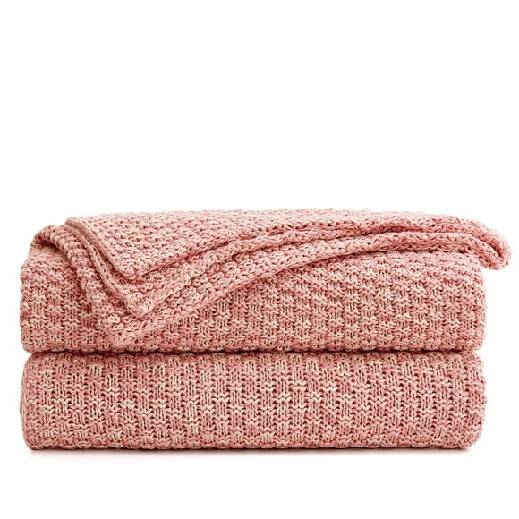 Longhui Couverture Jetée Tricotée Rose Poussiéreux pour Canapé, Douce, Confortable, Lavable à la Machine, Couvertures Tricotées 100 % Coton pour Sofa, Poids Lourd 2,8 Lb, 51 x 63 Pouces, Couleur Rose et Blanche, Sac à Lessive Inclus