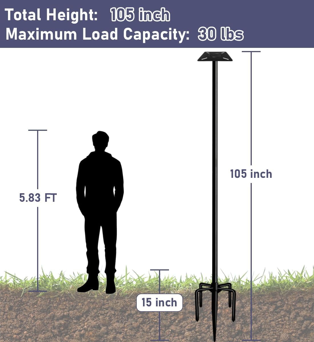 105 Inch Smart Bird Feeder Pole with 5-Prong Base, Adjustable Bird House Pole Mount Kit for Outdoors, Heavy Duty Bird Feeder Stand for Wild Birds Watching, Black
