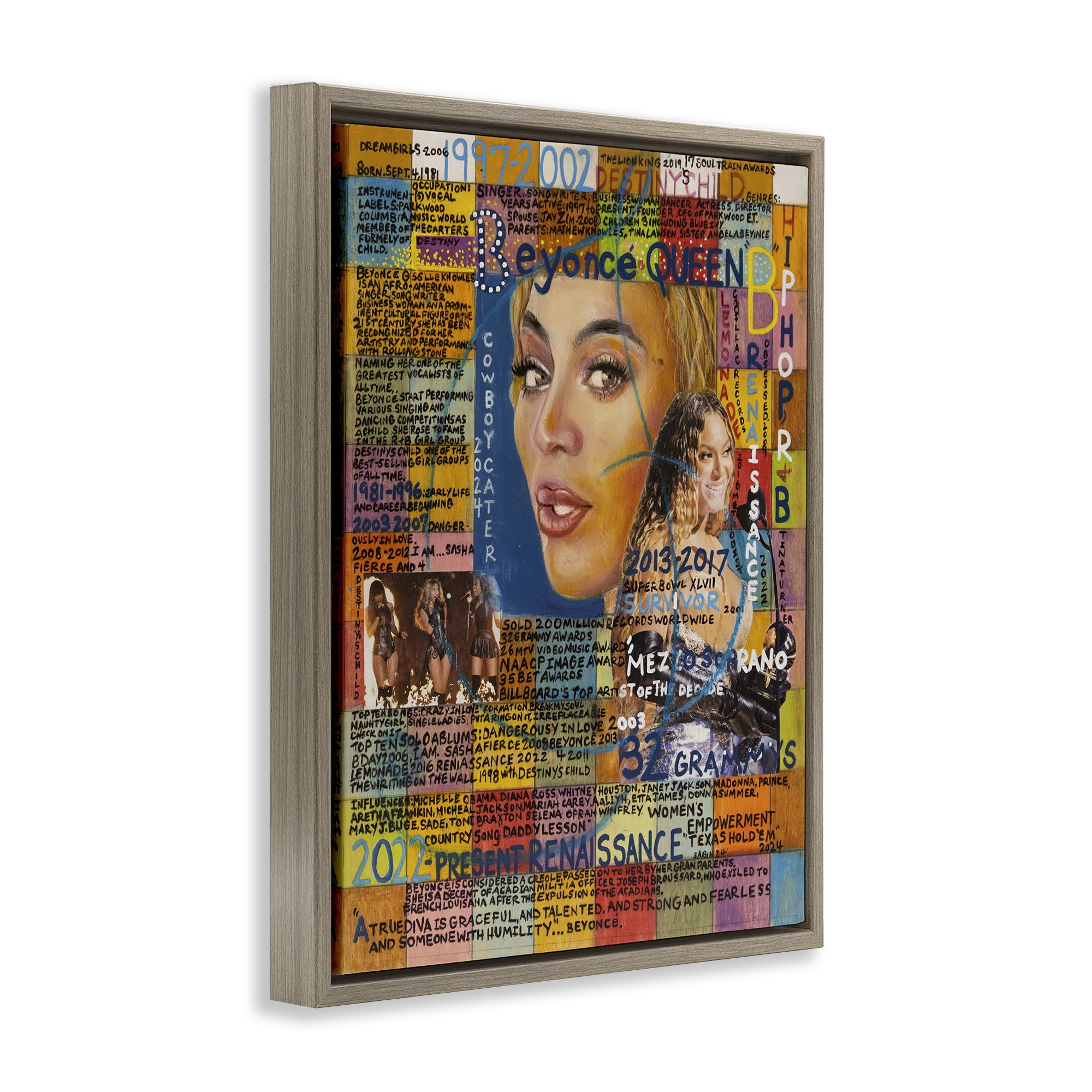 Stupell Industries Beyonce Musician Collage People Drawing Brown Floater Framed Canvas Art Print Wall Art, 17 x 21