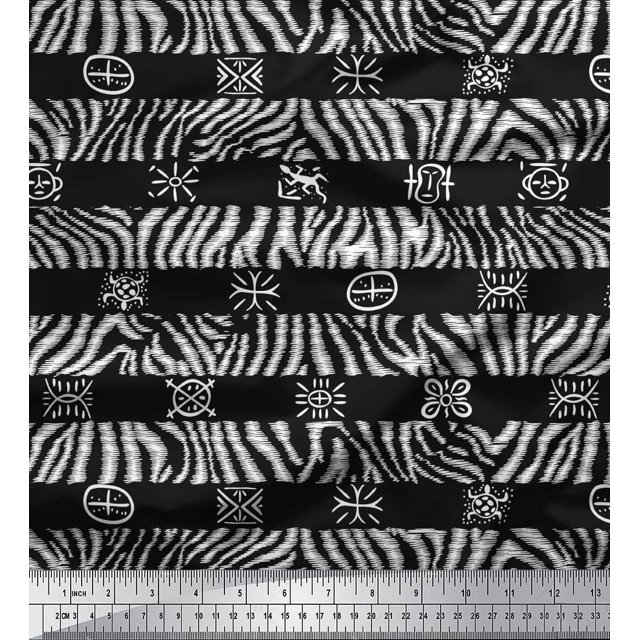 Soimoi Black Cotton Duck Fabric Stripe & Wild Animal Skin Print Fabric by The Yard 56 Inch Wide