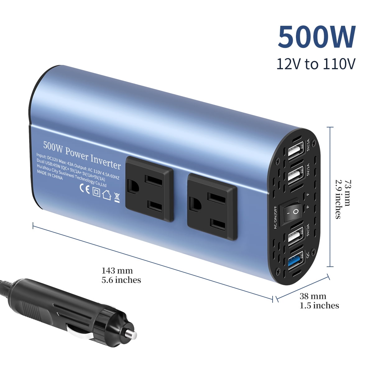 TATALIKEN 500W Car Inverter, 12V DC to 110V AC w/ 2 Outlets & 4 USB Ports, for Laptop