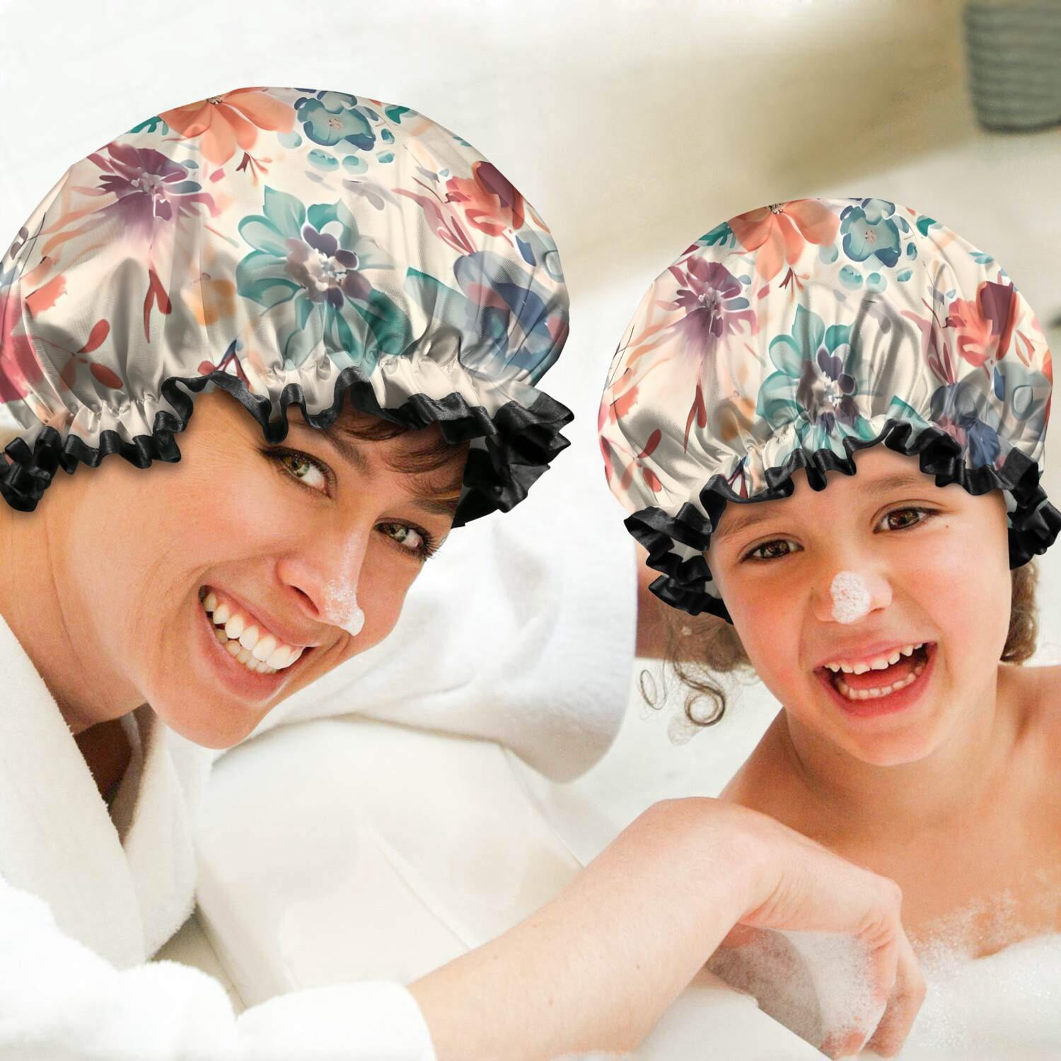 Shower Caps,Pioneer Flower Floral Print Pattern Waterproof Shower Cap for Women 4 Pieces,Double Reusable Hair Cover for Shower PEVA Elastic Stretch Hem