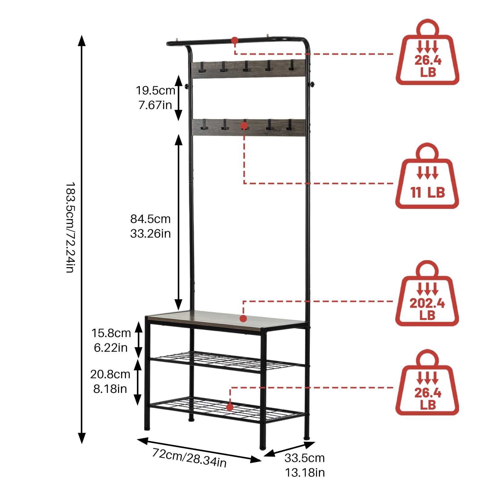 TrumanPick 4-in-1 Coat Rack, Hall Tree with Bench and Shoe Storage, Entryway Bench with Coat Rack, with 9 Removable Hooks & Hanging Rod, 13.3 x 28.3 x 72.1 Inches, Brown