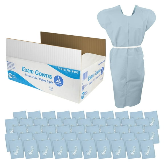 Dynarex Exam Gowns - Disposable Protective Clothing for Exams or Procedures - 3-Ply Poly Tissue, Universal Size, Two Plastic Ties, Blue - 50 Gowns Per Case