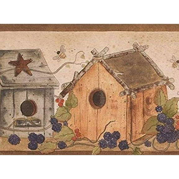 Concord Wallcoverings Wallpaper Border Country Pattern Garden Birdhouses Berries Flowers Bees for Cottage Farmhouse, Brown Beige Green Grey Red, 7 Inches by 15 Feet ALB3781