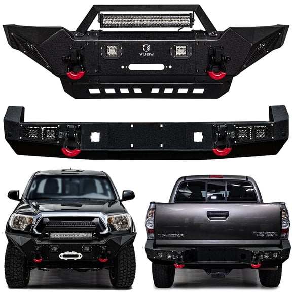 Vijay Compatible with 2005-2006-2007-2008-2009-2010-2011-2012-2013-2014-2015 Toyota Tacoma Front and Rear Bumper Textured Black Steel with 9xLights and 4xD-rings