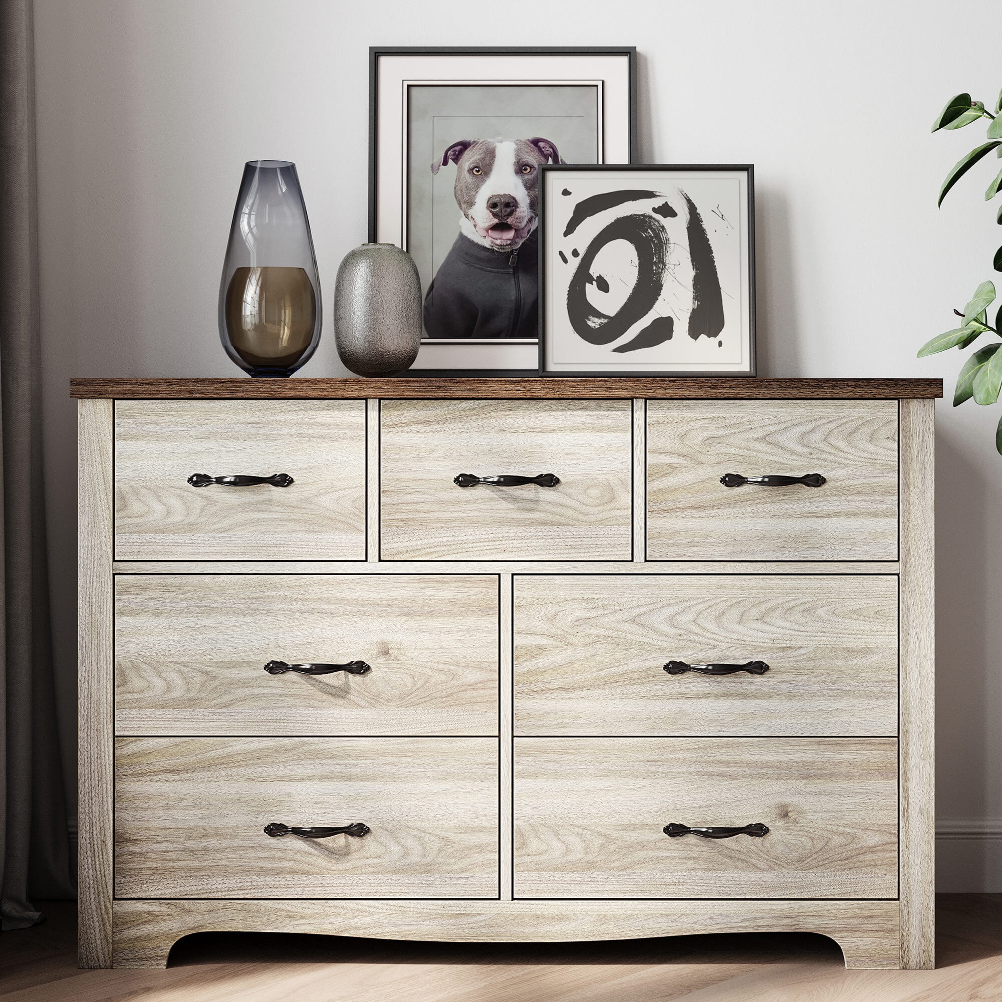 LINSY HOME Oak White Dressers,Chest of 7 Drawers