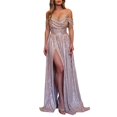 thumbnail image 2 of Yinguo Femmes Paillettes Long Satin hors Épaule Demoiselle d'Honneur Robe de Soirée Formelle avec Fente Rouge S, 2 of 7