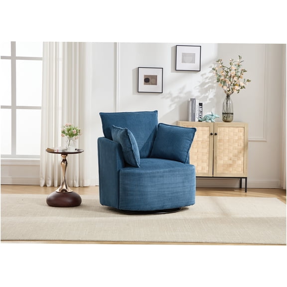 JERFIT Modern Blue Swivel Accent Chair with 360° Rotation, Upholstered Barrel Chair for Living Room, Office, Nursery, Wood and Metal Frame