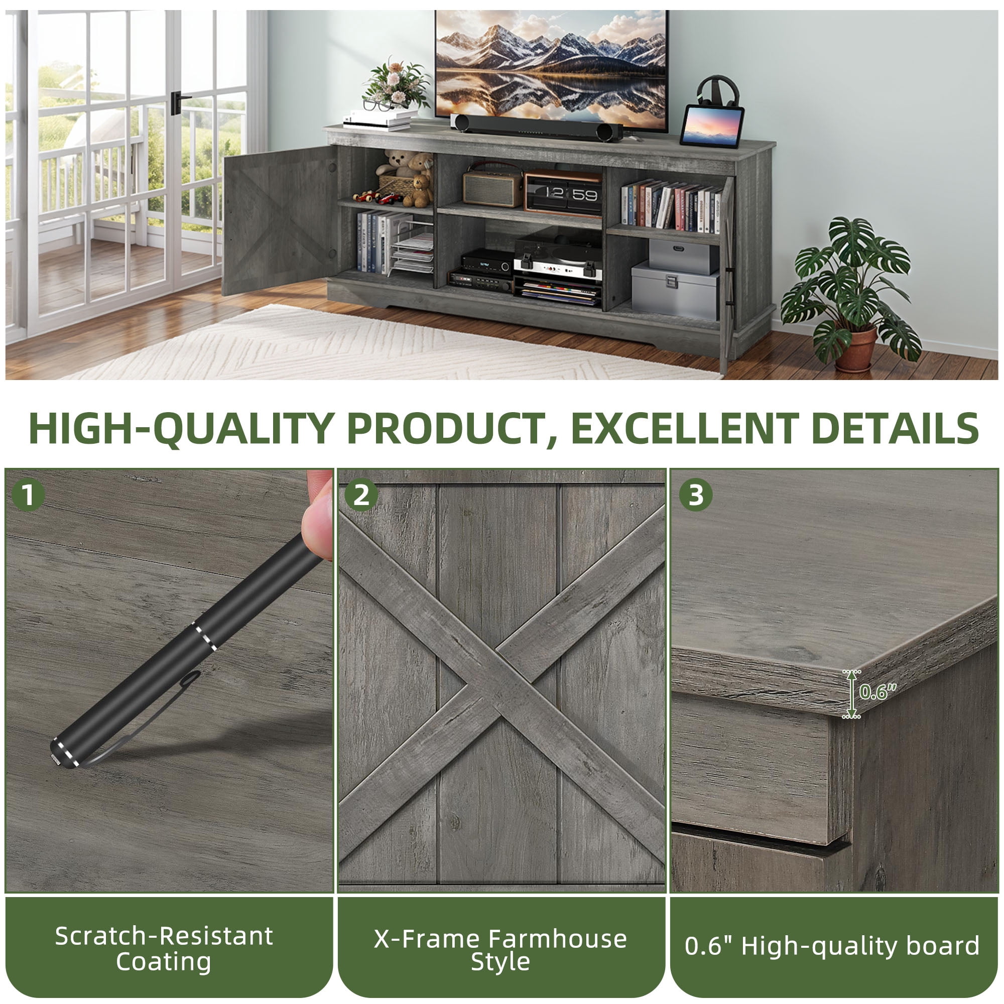 Uforic Farmhouse TV Stand for up 65" TVs, Entertainment Center Console Table for Living Room, Gray