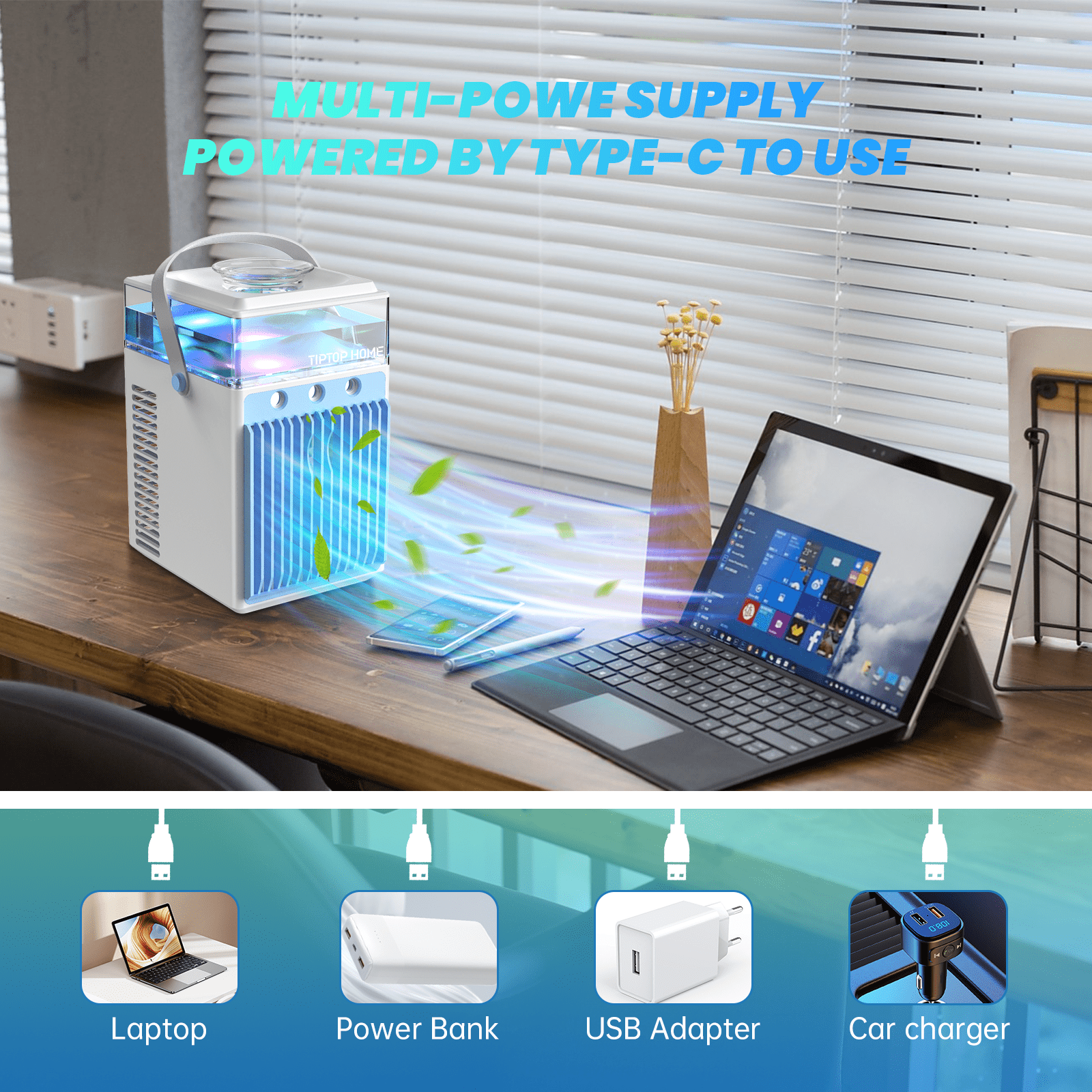 Portable Air Conditioners Fan,4 in 1 Rechargeable Mini Air Conditioner, Air Cooler LED Humidifier,3 Speeds Mini AC Evaporative Personal Air Conditioner Cooling Fan for Office Bedroom Outdoor