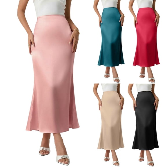 Einccm Women's Satin Maxi Skirt - High-Waisted Slim Fit Pencil Skirt - Elegant Solid Color Ankle Length Long Skirt with Flared Hem - Chic Silk-Like Satin Dress Skirt for Women