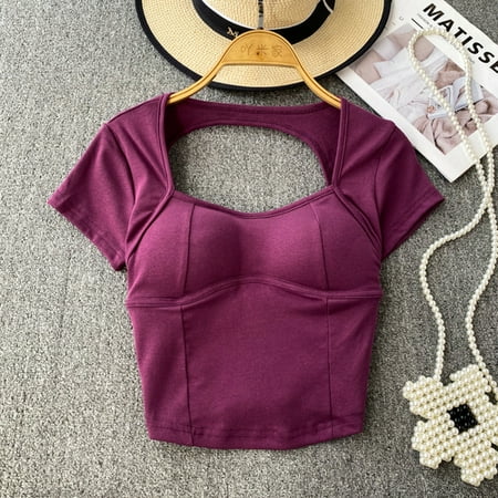 Chic T Shirt Women With Built In Bra Hollow Out Casual Tops Womens Solid Color Backless Summer Tees Female Almighty Dropshipping
