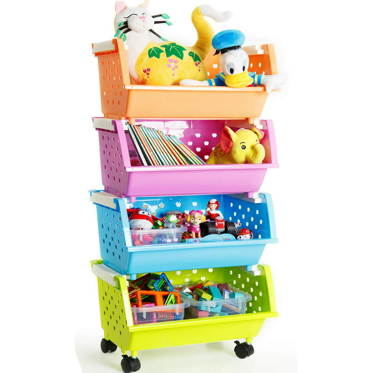 MAGDESIGNER Kids' Toys Storage Organizer Bins Baskets with Wheels Can Move Everywhere Large 4 Baskets Natural/Primary (Primary C