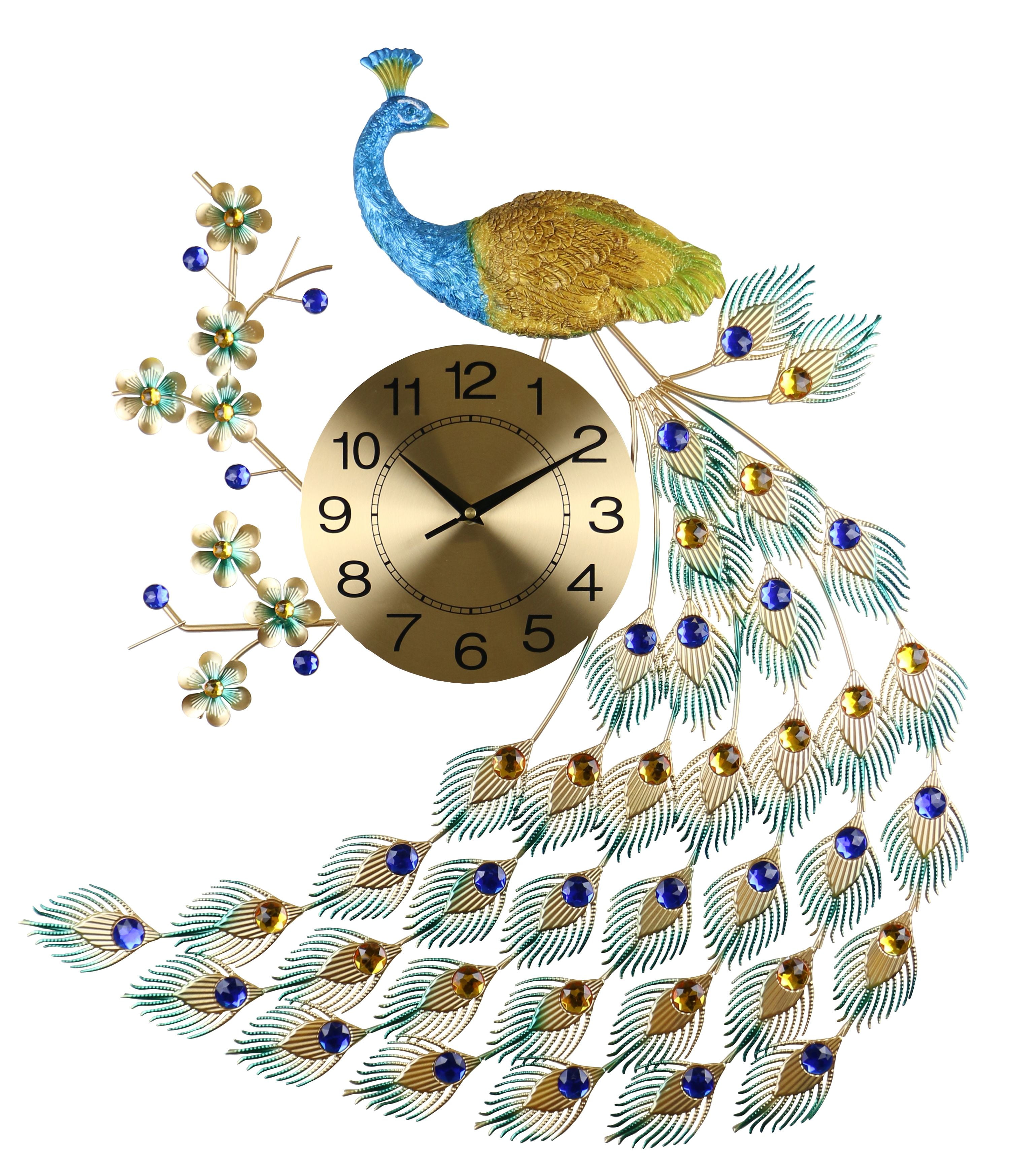 Large Colorful Peacock Clock with Beautiful Crystal Accents