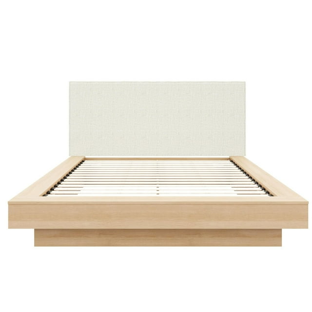 Julian queen size platform bed with light wood frame and beige upholstered headboard