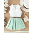 thumbnail image 2 of Suealasg Kids Girls Two Piece Summer Set 6M 1T 2T 3T 4T Toddler Girls Turn-down Collar Vest +Pleated Skirt with Belt Baby Girl Casual Partywear, 2 of 9