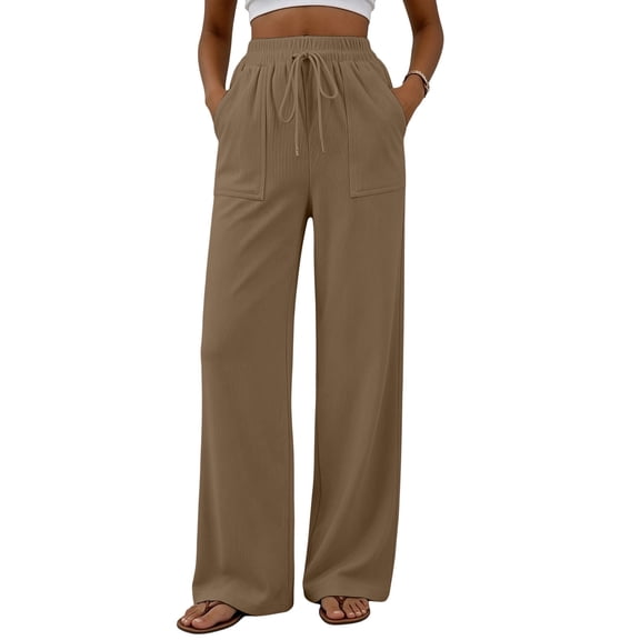 vdgthytj Wide Leg Pants for Women Drawstring High Waist Loose Casual Ribbed Fall Corduroy Trousers with Pockets(X-Large,Khaki)