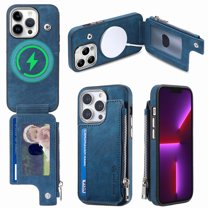 for iPhone 13 Pro Zipper Wallet Case with Card Holder, Back Flip Folio PU Leather Card Slots Case for Men Women, Magnetic Wireless Charging Shockproof Cover for iPhone 13 Pro 6.1", Blue